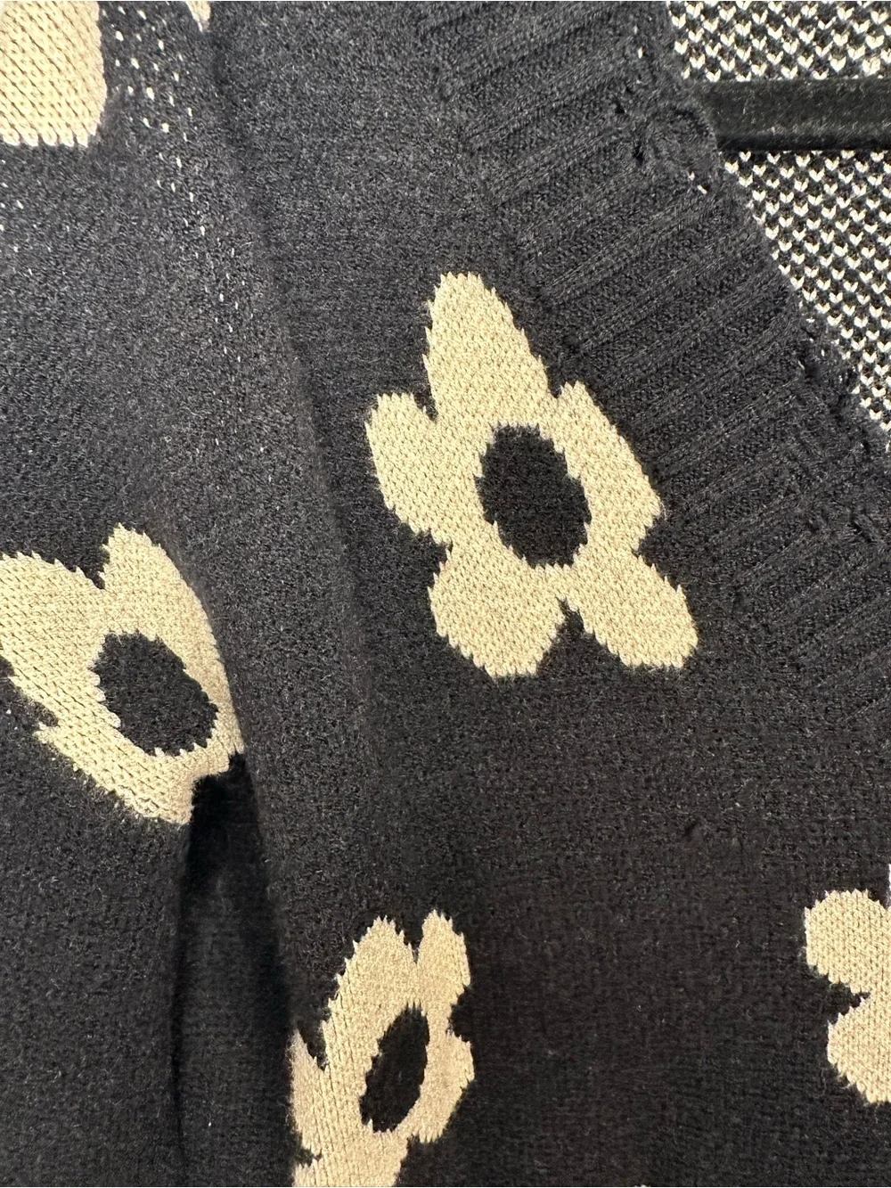 Altar'd State Black V-Neck Sweater with Cream Floral Motif
